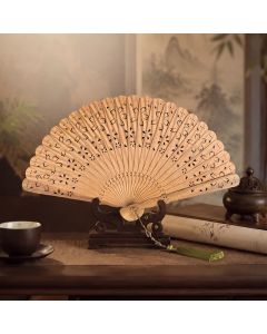 Buddha Stones Green Sandalwood Openwork Butterfly Pattern Tassel Fan - Cherry Blossom Natural Wood - Green Sandalwood
