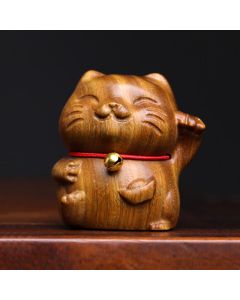 Buddha Stones Green Sandalwood Small Mini Cute Lucky Cat Peace Decorations - Green Sandalwood 4.5*5cm