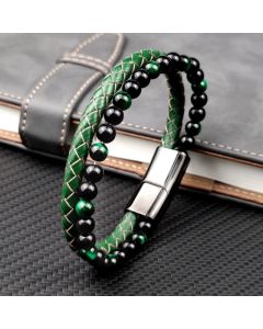 Buddha Stones Green Tiger Eye Double Wrap Braided Leather Strength Bracelet - Green Tiger Eye Leather(Wrist Circumference: 19cm)