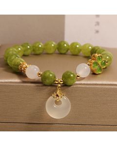 Buddha Stones Green Tourmaline Chalcedony Four Leaf Clover Peace Buckle Charm Wisdom Bracelet - Tourmaline(Positive♥Love)(Wrist Circumference 14-16cm)