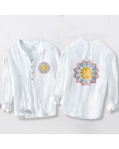 Buddha Stones Half Buttons Mandala Om Symbol Pattern Men's Cotton Linen Long Sleeve Shirt - White / US/UK/AU38，EU48 (M)