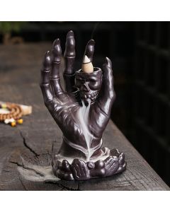 Buddha Stones Halloween Ghost Hand Skull Head Ceramic Peace Healing Incense Burner Decoration - Blue 17*9.5*9.2cm