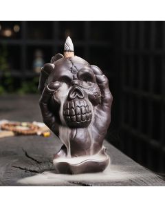 Buddha Stones Halloween Skull With Ghost Hand Purple Clay Spiritual Incense Burner Decoration - Halloween Skull With Ghost Hand 9.6*11.2*15.5cm