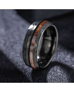 Buddha Stones Hammered Texture Inlay Tungsten Steel Endurance Ring - 21.4mm