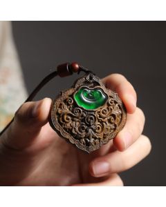Buddha Stones Sappanwood Carved Green Agate Luck Lock of Good Wishes Necklace - Lock of Good Wishes