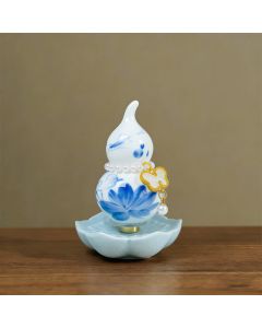 Buddha Stones Hand-Painted Ceramic Peony Gourd Prosperity Mindful Living Decor - Blue Porcelain Lotus / Approx. 6*8cm(Random accessory)