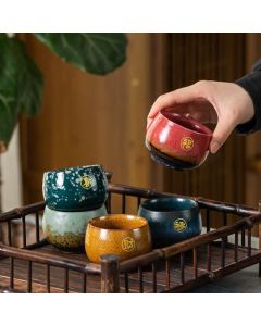 Buddha Stones Hand Painted Fu Character Ceramic Teacup Kung Fu Tea Cup With Gift Box - A Set Of Five 7.5cm*5.2cm*125ml