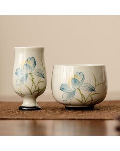 Buddha Stones Hand Painted Lotus Flower Ceramic Teacup Kung Fu Tea Cup - 3cm*7.5cm*35ml