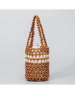 Buddha Stones Hand-woven Bucket Portable Wooden Beads Handbag - Dark brown 12*12*17cm