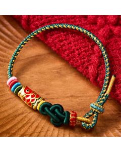 Buddha Stones Hand-Woven Dark Green Yellow String Red Koi Fish Protection Bracelet - Green(Wrist Circumference: 5.9-7.1 in / 15-18cm)
