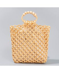 Buddha Stones Hand-woven Fishing Line Braiding Mesh Hollow Wooden Beads Handbag - Black 30*10*27cm