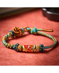 Buddha Stones Hand-Woven Green Blue Yellow Rope Mandala Peach Blossom Knot Luck Koi Fish Bracelet - Green(Wrist Circumference: 5.9–8.3 in / 15–21 cm)