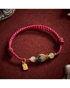 Buddha Stones Hand-Woven Koi Fish Fu Character Jade Beads Protection Rope Bracelet - Dark Red(Wrist Circumference: 5.9–8.3 in / 15–21 cm)