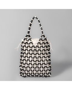 Buddha Stones Hand-woven Mesh Hollow Wooden Beads Handbag - White&Black 15*4*25cm