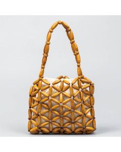Buddha Stones Hand-woven Mini Wooden Beads Handbag - Brown 16*3*14cm
