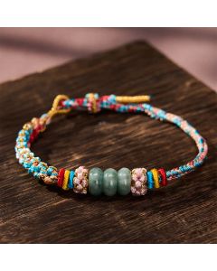 Buddha Stones Hand-Woven Multicolor Peach Blossom Jade Luck Rope Bracelet - Pink(Wrist Circumference: 5.9-7.5 in / 15-19cm)