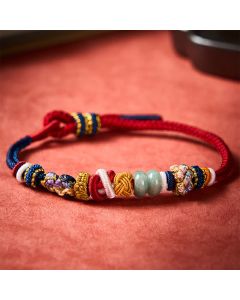 Buddha Stones Hand-Woven Peach Blossom Luck Jade Beads Red Navy String Bracelet - Red Navy(Wrist Circumference: 5.9-7.1 in / 15-18cm)