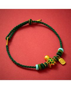 Buddha Stones Hand-Woven Red String Turtle Fu Character Endurance Bracelet - Green String