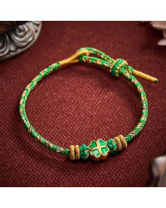 Buddha Stones Hand-Woven String Heart-Shaped Green Four Leaf Clover Strength Rope Bracelet - Green(Wrist Circumference: 5.9-7.5 in / 15-19cm)