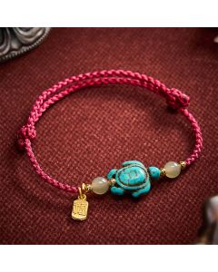 Buddha Stones Hand-Woven Turquoise Turtle Fu Character Jade Beads Luck Rope Bracelet - Dark Red(Wrist Circumference: 5.9–8.3 in / 15–21 cm)