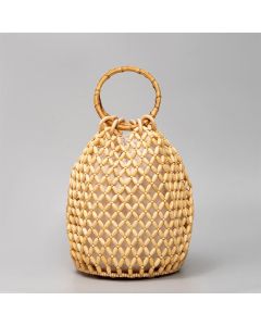 Buddha Stones Hand-woven Wooden Beads Bamboo Handle Shoulder Bag Handbag - Brown 20*20*28.6cm