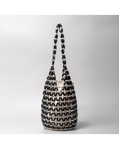 Buddha Stones Hand-woven Wooden Beads Bucket Shoulder Bag Handbag - White&Black 16.5*16.5*36cm