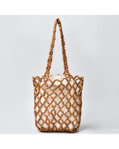 Buddha Stones Hand-woven Wooden Beads Shoulder Bag Handbag - Wheat 25*6*30cm