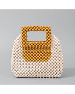 Buddha Stones Hand-woven Wooden Beads Square Tote Handbag - Black Cream 21*4.5*21cm