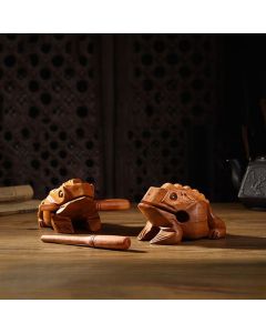 Buddha Stones Handcrafted FengShui Wealth Luck Frog Mini Wooden Croaking Frog Guiro Decoration - 14.5*8*8 cm