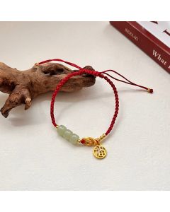 Buddha Stones Handcrafted Jade Bead Fu Character Charm Luck Red Rope Bracelet - 14-22cm