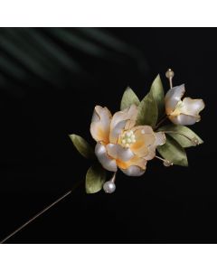 Buddha Stones Handcrafted Silk Art Golden Peony Flower Good Fortune Brooch - Golden Peony About 7cm