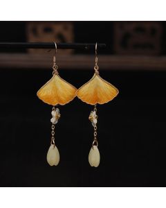 Buddha Stones Handmade Silk Craft Yellow Ginkgo Leaf Copper Hook Good Fortune Dangle Earrings - Ginkgo Leaf&White Bead(Size: About 7.5*2.8cm)