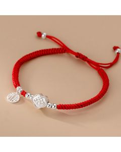 Buddha Stones Handmade 925 Sterling Silver Fu Character Auspicious Clouds Blessing Braided Rope Bracelet - Fu Character Red Rope(Wrist Circumference 14-22cm)