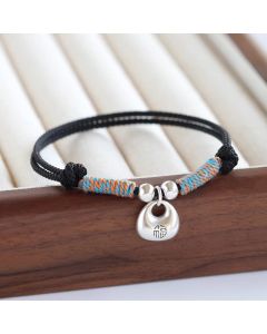 Buddha Stones Handmade 925 Sterling Silver Fu Character Safe And Well Luck Braided Bracelet - Red Rope(Wrist Circumference 14-24cm)