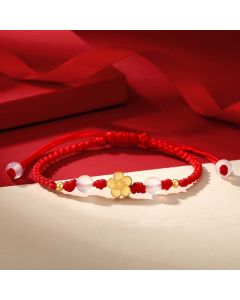 Buddha Stones Handmade 925 Sterling Silver Peach Blossom Cherry Sakura Chalcedony Bead Luck Red Rope Bracelet - 14-21cm