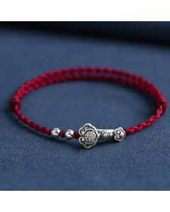 Buddha Stones Handmade 999 Sterling Silver Fu Character Wish Ruyi Handle Fortune Rope Bracelet Anklet - Anklet(Circumference 18-30cm) / Black