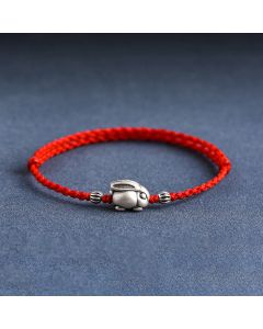 Buddha Stones Handmade 999 Sterling Silver Rabbit Luck Rope Bracelet Anklet - Large Rabbit Anklet(Circumference 18-30cm) / Black