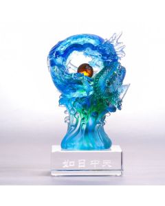 Buddha Stones Handmade Azure Dragon Liuli Crystal Art Piece Success Protection Home Office Decoration - Medium 11.8*11.8*24.5cm/4.65*4.65*9.65Inch