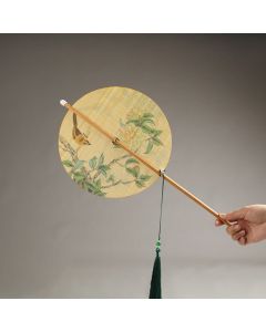 Buddha Stones Handmade Birds Flowers Persimmons Fruit Koi Fish Lotus Bamboo Long Handle Portable Curlable Fan - Lotus Pod 24*50cm