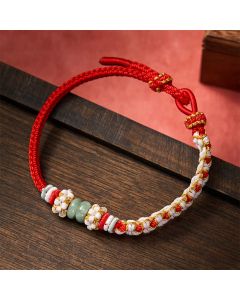 Buddha Stones Handmade Braided Chinese Knotting Peach Blossoms Jade Luck Adjustable Bracelet - Green / 15-20cm