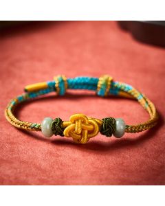 Buddha Stones Handmade Braided Yellow Green Osmanthus Knot Jade Luck Adjustable Bracelet - 5.9-7.5  in / 15-19cm