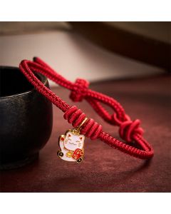 Buddha Stones Handmade Braided Red String Lucky Cat Bringing Good Fortune Fu Character Adjustable Bracelet - Red / 5.91-7.48 in (15-19cm)