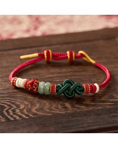 Buddha Stones Handmade Braided Ruyi Peach Blossoms Knot Jade Luck Adjustable Bracelet - 5.9-7.5  in / 15-19cm