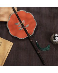 Buddha Stones Handmade Cherry Bamboo Leaf Grape Pattern Long Purple Bamboo Handle Portable Curlable Fan - Pink Grape 21*50cm