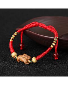 Buddha Stones Handmade Chinese Zodiac Red String Peach Wood Luck Bracelet - Pig / Red Rope(Wrist Circumference: 12-19cm)