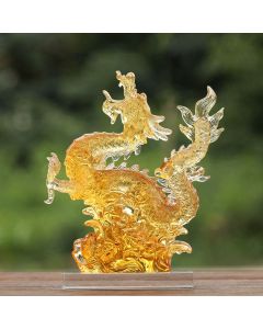 Buddha Stones Handmade Chinese Zodiac Yellow Dragon Liuli Crystal Art Piece Luck Protection Home Office Decoration - 20.5*11.5*23cm/8.07*4.53*9.06Inch