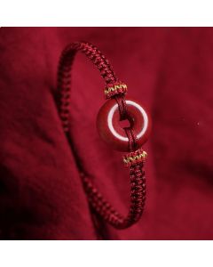 Buddha Stones Handmade Cinnabar Round Peace Buckle Concentration Braided Bracelet - Black Rope(Wrist Circumference 14-19cm)