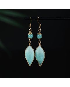 Buddha Stones Handmade Cyan Leaf Copper Plated Silver Hook Protection Drop Earrings - Cyan Leaf(Size: About 6*1cm)
