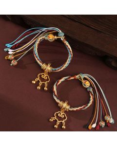 Buddha Stones Handmade Dunhuang Color Deer Auspicious Cloud Peace Lock Bell Healing Reincarnation Knot Bracelet - Blue White(Wrist Circumference 14-22cm)