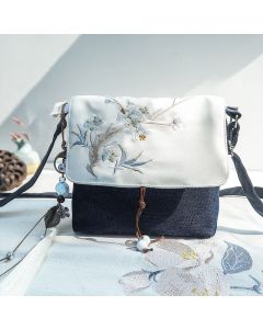 Buddha Stones Handmade Embroidered Large Capacity Polyester Canvas Backpack - Dark Blue Plum Embroidery